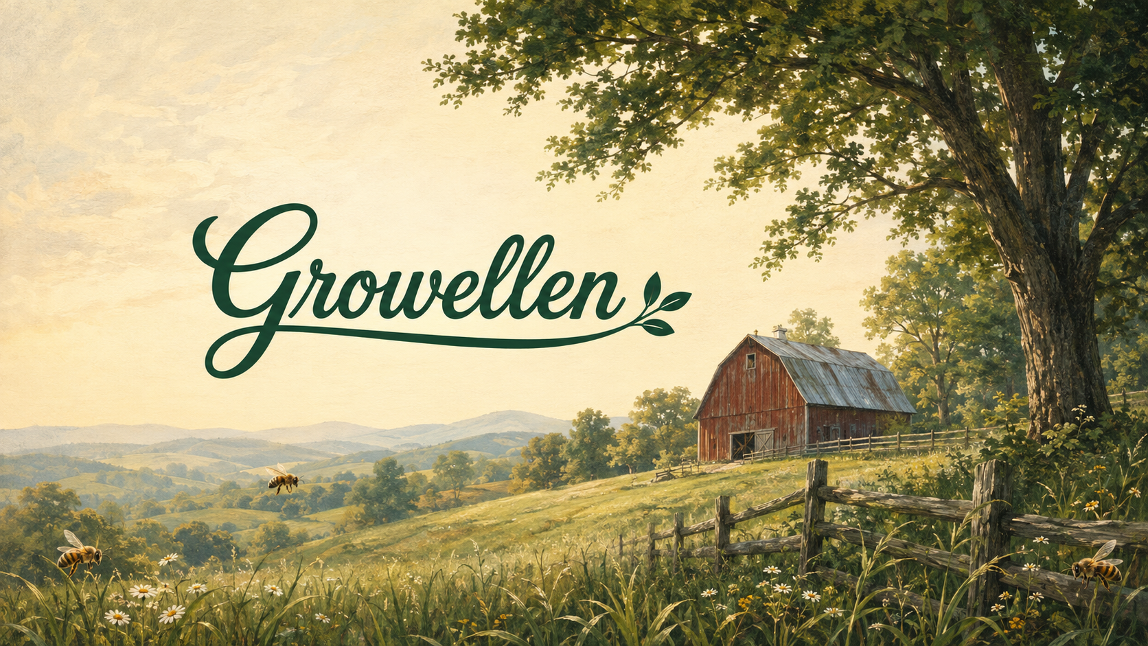 Painted Growellen farm landscape with a red barn, meadow, and honeybees.