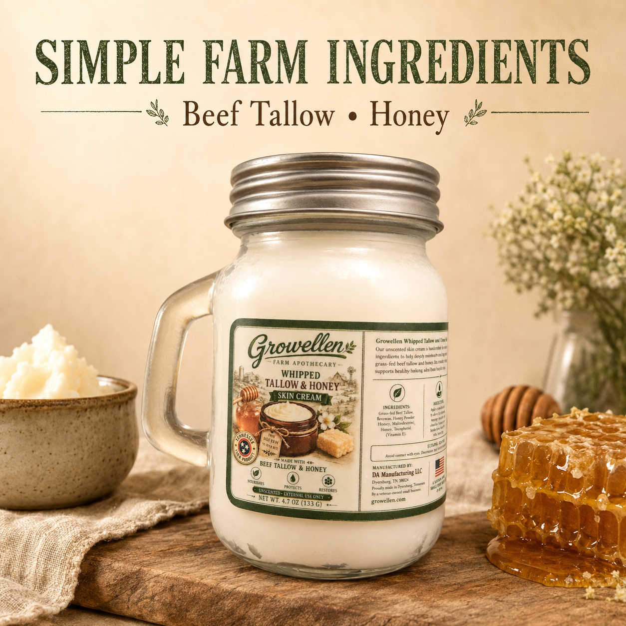 Whipped tallow and honey skin cream with honeycomb and a bowl of cream on a wooden board.