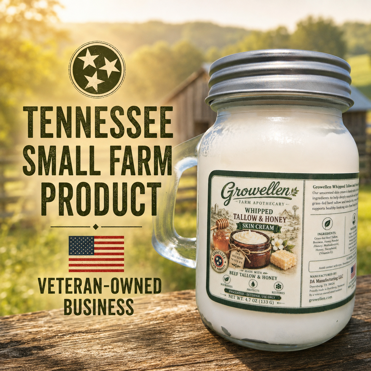 Growellen Whipped Tallow and Honey Skin Cream, a Tennessee small farm product from a veteran-owned business.