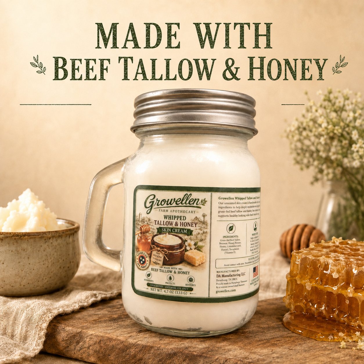 Growellen skin cream jar on a rustic wooden table next to honeycomb and whipped cream.